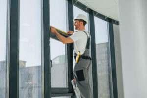 Vidraceiro medindo um vão para a instalação de vidro temperado em porta ou janela